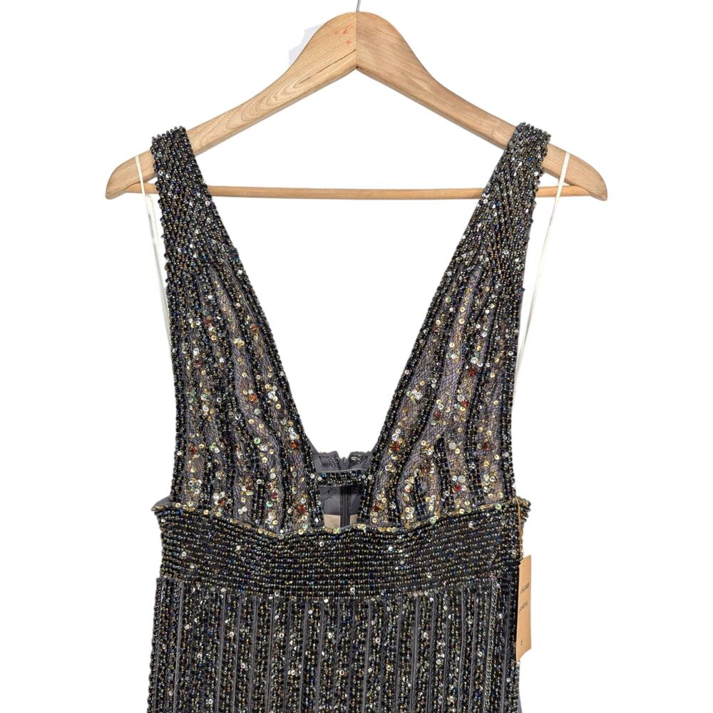 Mandalay Gunmetal Beaded Fringe Cocktail Dress Size 8 - Picture 2 of 6